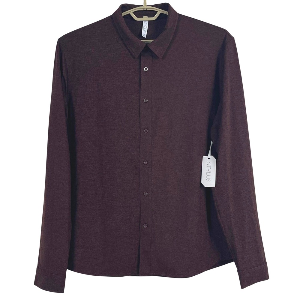 NWT Stylus Mens Knit Button Down Shirt XL Plum Onyx Heather Long Sleeve Stretch